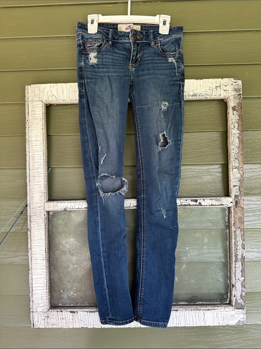 Vintage Hollister Y2K Women's Low Rise Distressed Skinny Jeans - Dark Blue Wash